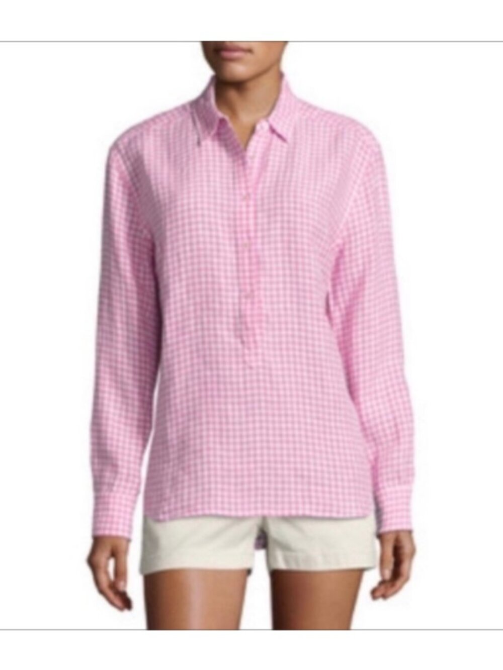 Southern Tide Hadley 100% Linen Pink Checkered Gingham Plaid Popover Top Sz L